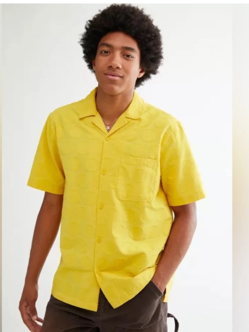 Urban Outfitters SM Mens BDG Clipped Polka Dot Camp Shirt Button Down Yellow